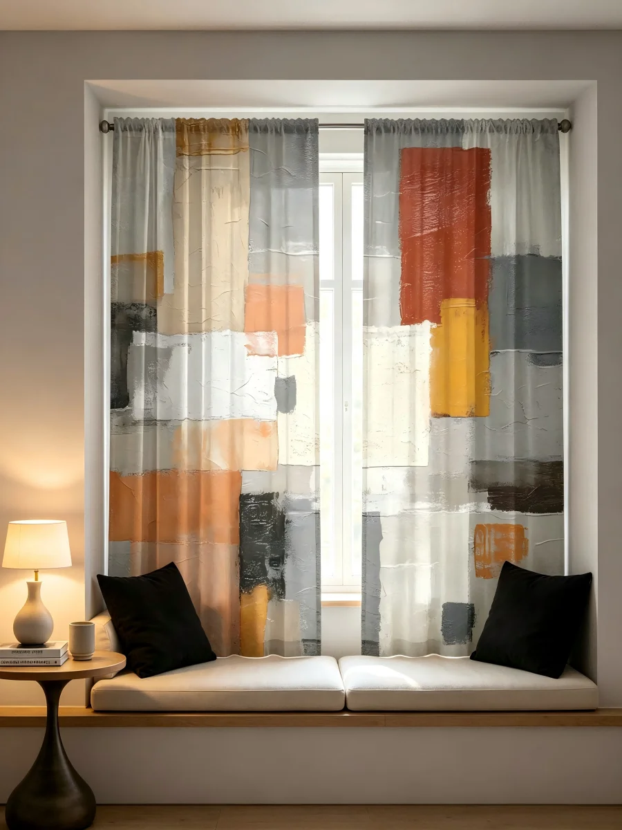 Curtain Sheer Voile - 2PCS Tirai Transparan Cetak Digital, Blok