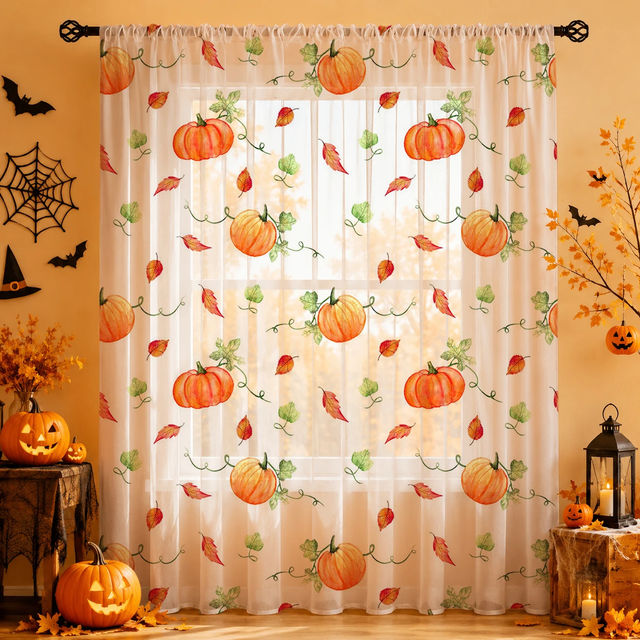 Curtain Sheer Voile - 1Pc Tirai Tipis Halloween dengan Kantong