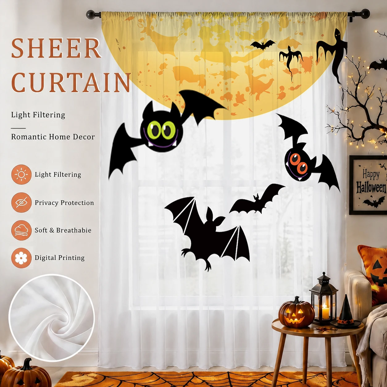 Curtain Sheer Voile - Tirai Transparan Gradien Hari Halloween, Voile